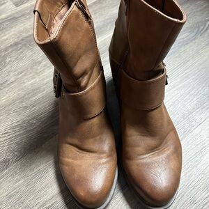 Brown Distressed Leather Ankle Booties with Buckle